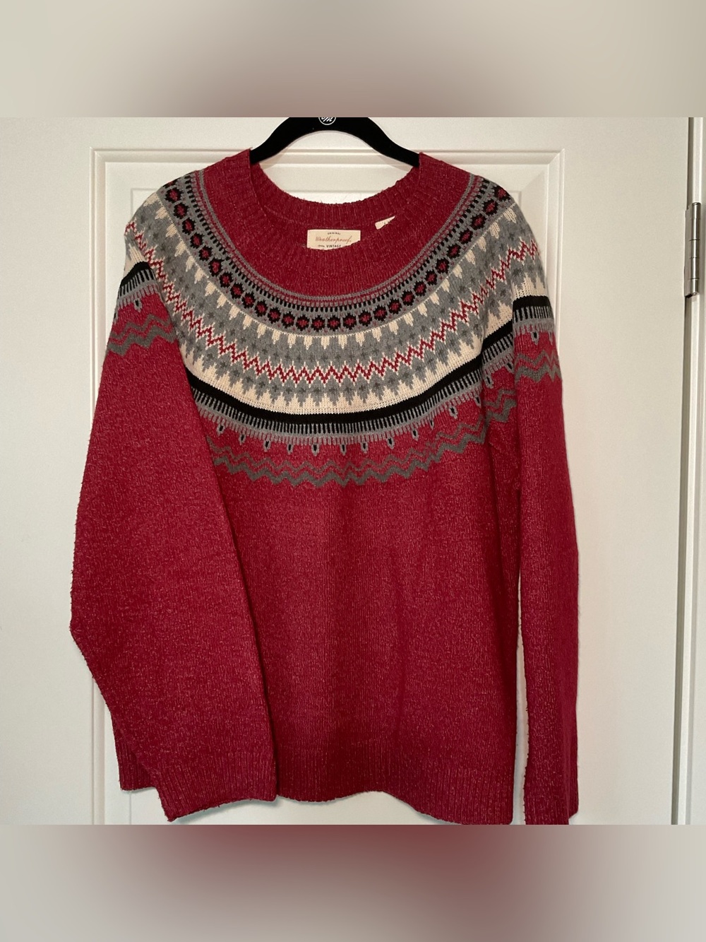 Weatherproof Red Fair Isle Crewneck Sweater with Gray and Black Accents